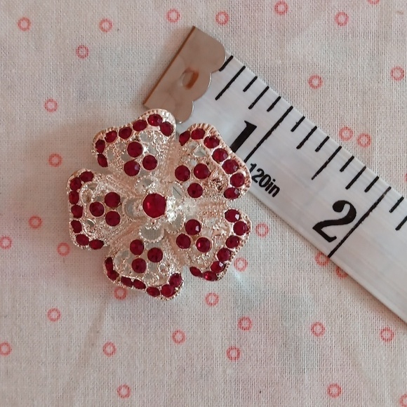 Silver Tone Red Rhinestone Brooch - Picture 3 of 6